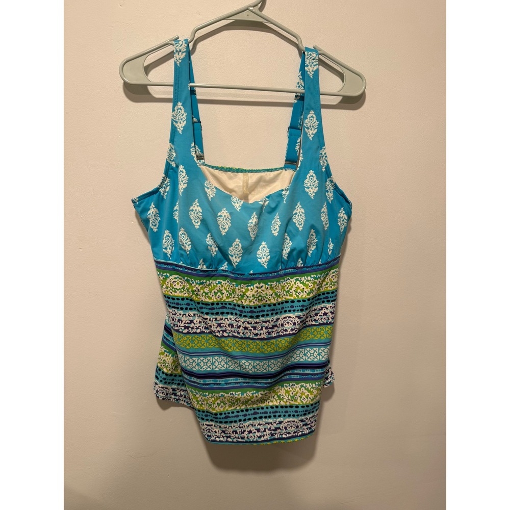 Lands End Women Blue Floral Geometric Tankini Top Coastal Swimwear Size 16D